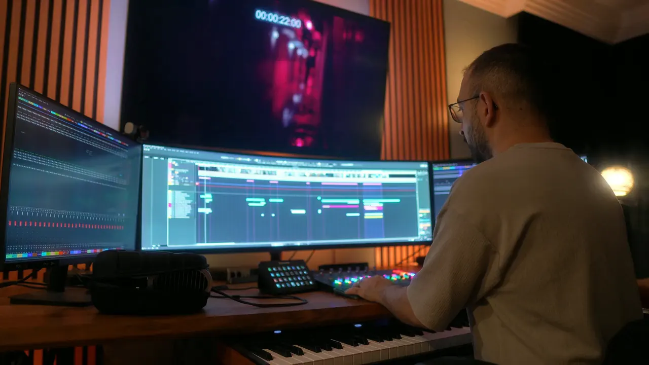Aytaç Bayladı stüdyosunda çalışırken: monitörler, piyano ve perdede film